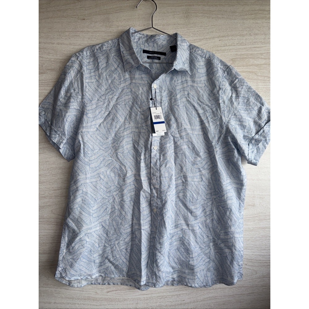 NWT Perry Ellis Men's Linen Blend Rolled Sleeve Stripe Shirt Blue Sz XL